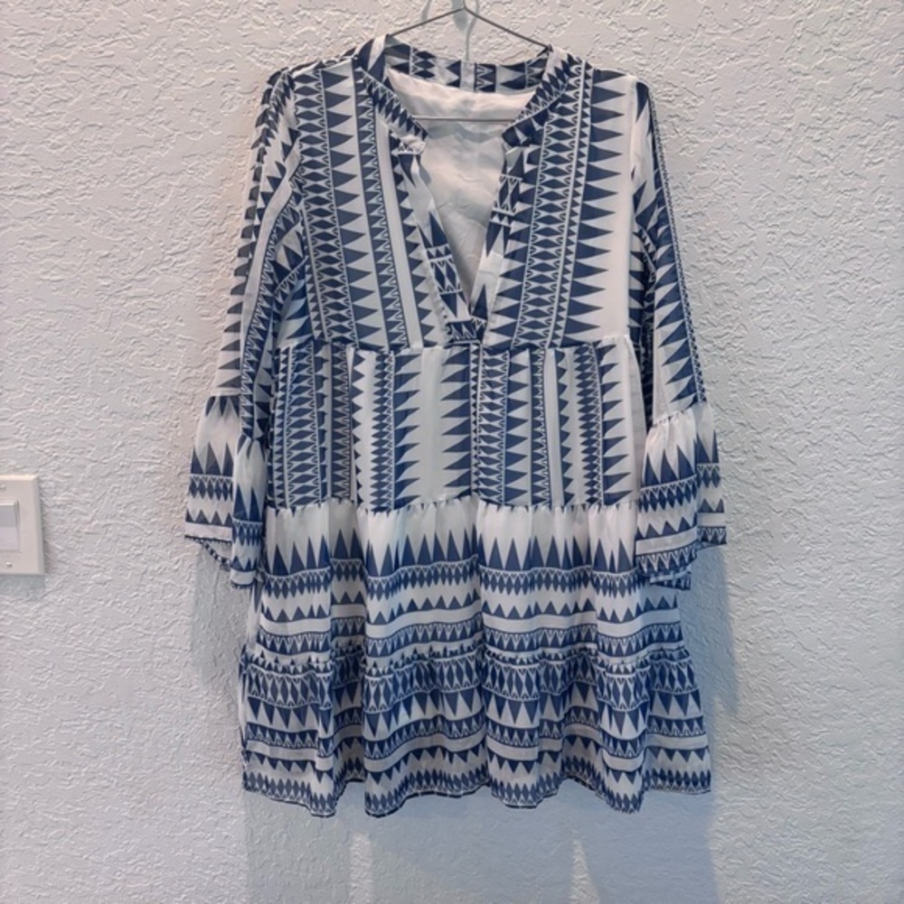 Blue and White Geometric Pattern Dress
